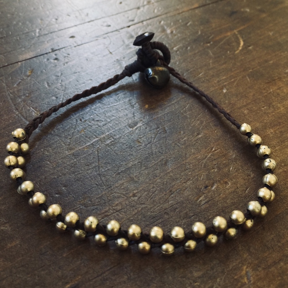 Duo Gold-Beaded Double Strand Anklet with Bells
